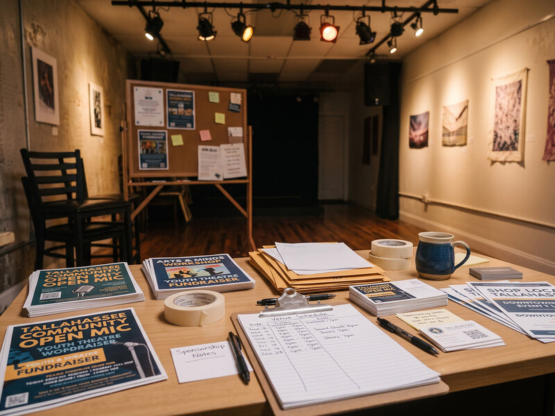 Printed open mic flyers, sponsorship notes, and venue schedule materials on a table in a small event space.