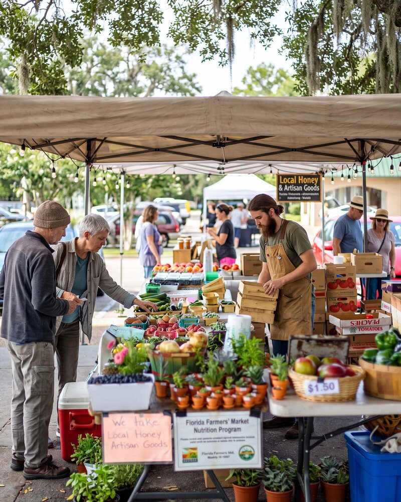 Produce and artisan goods for sale under tents at a Tallahassee farmers market.